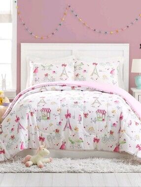 Full/Queen Comforter Set - White with Multi-Color Print Pretty In Paris